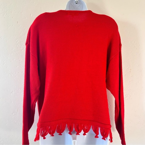 L’EAU VIVE  80s Red 3D Knit Stars Fringe Hem Sweater Size M - Picture 6 of 10